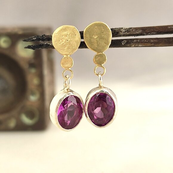 Earrings. 14k solid yellow gold & sterling silver earrings with Alexandrite.